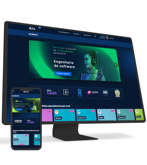 um monitor e um celular com o Alura plus aberto